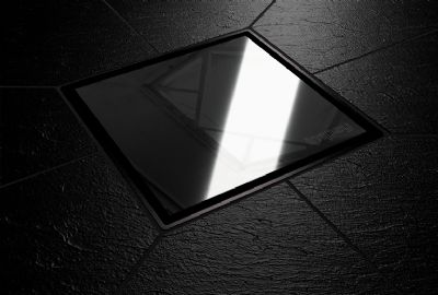IMPEY AQUA-DEC EASY FIT QUAD DRAIN 'PARAGON SQUARE ALLURE' POLISHED BLACK TILED FLOOR GULLY with VERTICAL OUTLET, QUADPARP-02/V IMPEY AQUA-DEC EASY FIT QUAD DRAIN 'PARAGON SQUARE ALLURE' POLISHED BLACK TILED FLOOR GULLY with VERTICAL OUTLET, QUADPARP-02/V